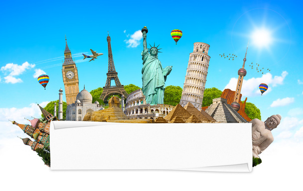 Beroemde monumenten van de wereld met blanco warmgewalste papier - Foto, afbeelding