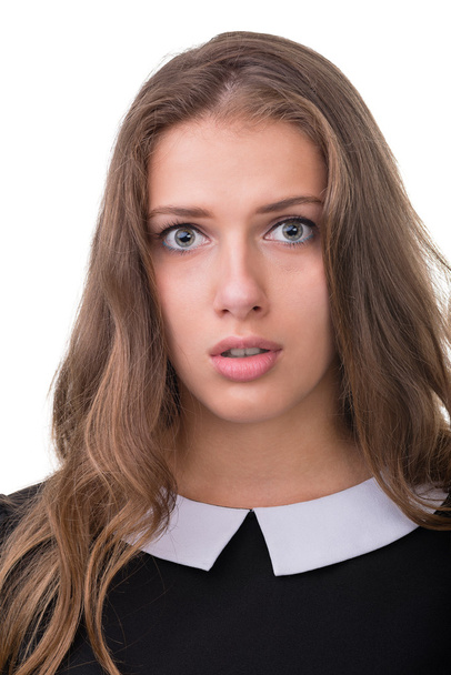 Closeup portrait of surprised young lady isolated on white with copyspace - Фото, зображення