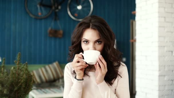Happy girl drinking coffee and relaxing in cafe. Stylish makeup and hairstyle. - Video