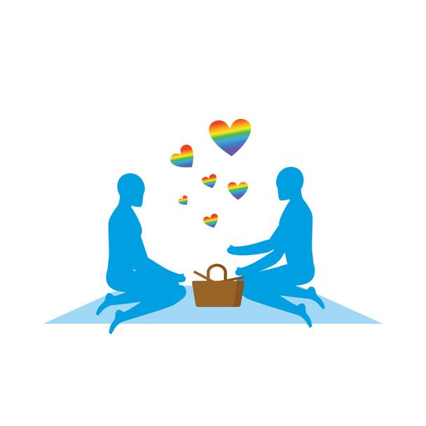 LGBT picnic. Gay Rendezvous in Park. Rural jaunt lovers men. Mea - Vector, Image