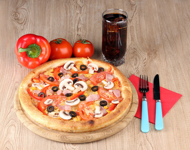 Aromatic pizza and cola on wooden background - Fotografie, Obrázek