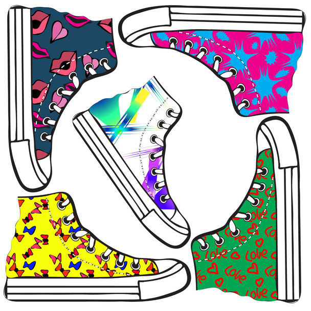набор кроссовок с различными цветами
 - Вектор,изображение
