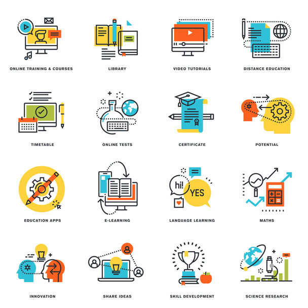 Set von flachen Design-Ikonen für Online-Bildung und E-Learning - Vektor, Bild