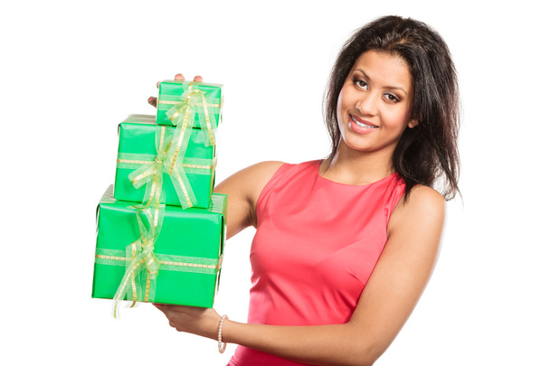 Pretty mixed race woman with boxes gifts. Birthday - Foto, immagini