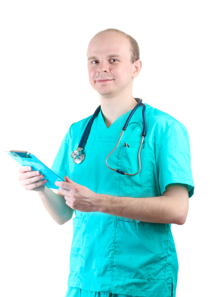 Young doctor man with stethoscope and clipboard isolated on white - Fotoğraf, Görsel