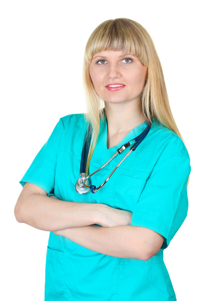 Young beautiful doctor with stethoscope isolated on white - Foto, immagini