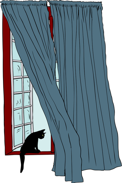Відкрити вікно з чорною кішкою на виступі
 - Вектор, зображення