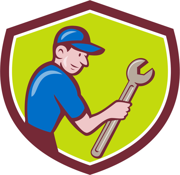 Handyman segurando Spanner Crest Cartoon
  - Vetor, Imagem