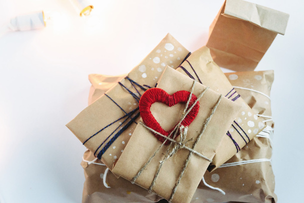 Stylish craft presents with red heart - Zdjęcie, obraz