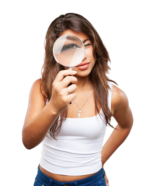 young black girl with magnifying glass - Photo, Image