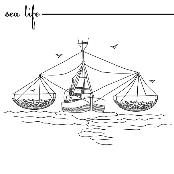 Sea life.  The fishing trailer. Original doodle hand drawn illustration. Outlines, isolated on the white background - Vector, Image