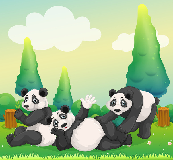 公園で遊ぶ 3 つのパンダ - ベクター画像