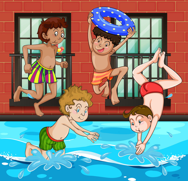 Boys diving and swimming in the pool - Vector, Image