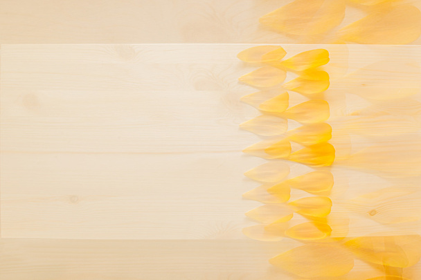 Abstract wood background with yellow flower petals. Background. Pattern. - Zdjęcie, obraz