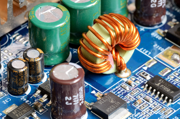 Close-up of inductors, capacitors and chips - Photo, Image