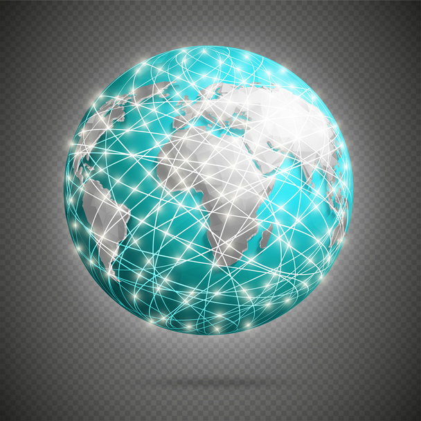 Globaalit digitaaliset yhteydet hehkuvilla valoilla ympäri maailmaa, verkko
. - Vektori, kuva