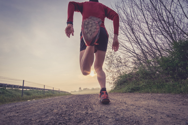 Hombre corriendo en el campo temprano en la mañana
 - Foto, Imagen