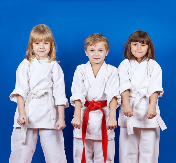 Boy and two girls are standing in the rack karate - Photo, Image