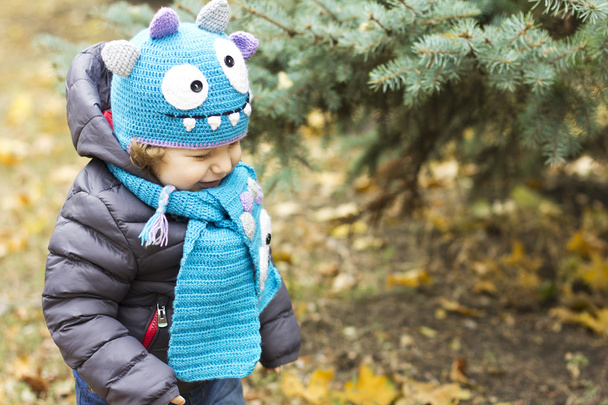 Bebê feliz com um chapéu engraçado em uma caminhada. Andando ao ar livre no outono. folhas de outono
 - Foto, Imagem