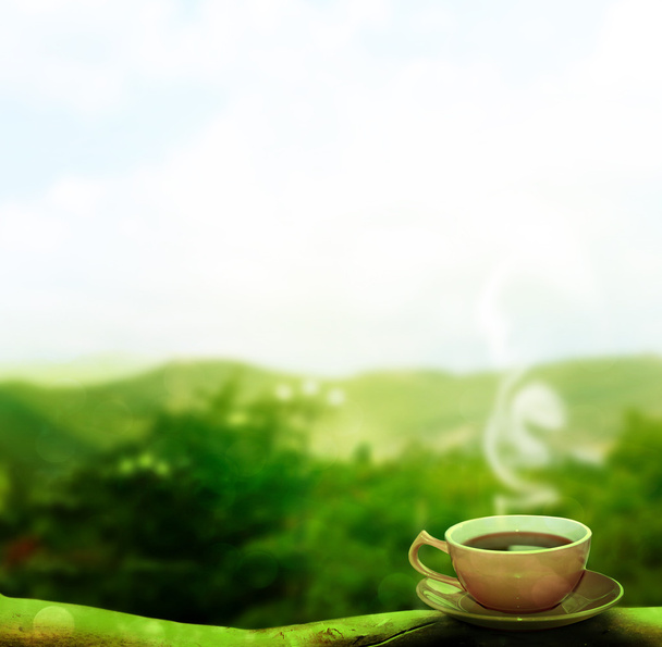 Чашка гарячого чаю на фоні літнього пейзажу
 - Фото, зображення