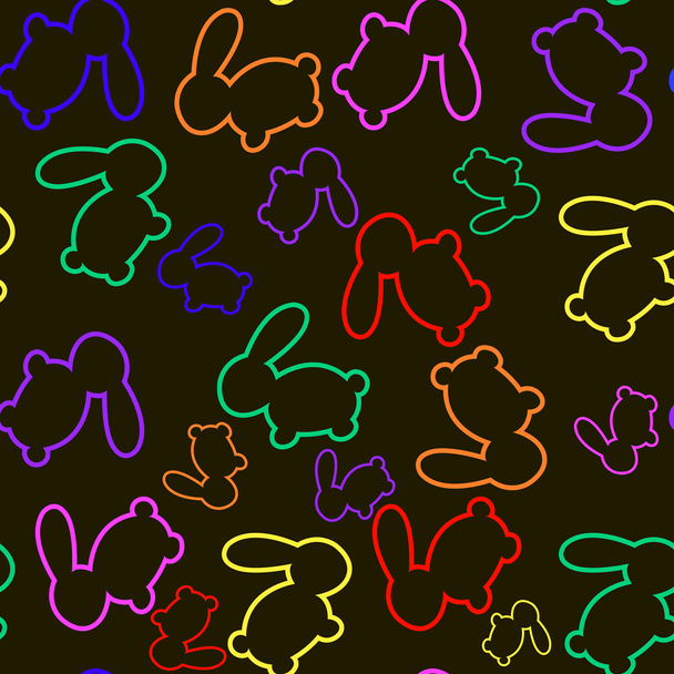 Black seamless pattern with colorful rabbit silhouettes - Вектор, зображення