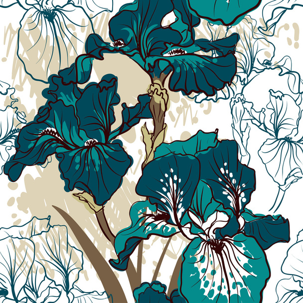 Seamless pattern with decorative  iris flower in retro colors. - Vektör, Görsel