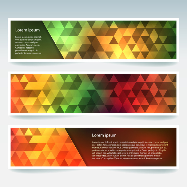 Set of banner templates with abstract background. Modern vector banners with triangle background. Autumn-colored. Yellow, orange, green, brown colors. - Vetor, Imagem