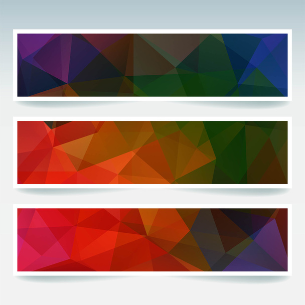Horizontale banners set met veelhoekige driehoeken. Veelhoek achtergrond, vector illustratie. Rode, groene, gele, blauwe kleuren. Kleurrijke achtergrond - Vector, afbeelding