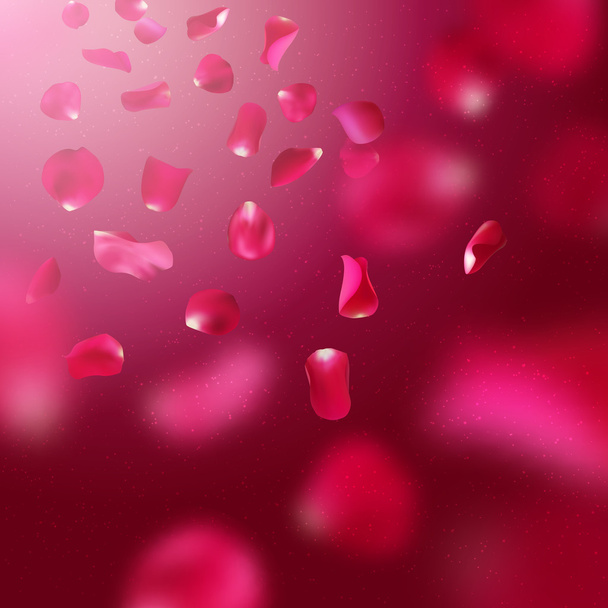 Background with flying rose petals on dark red background, vector illustration - Vector, Image