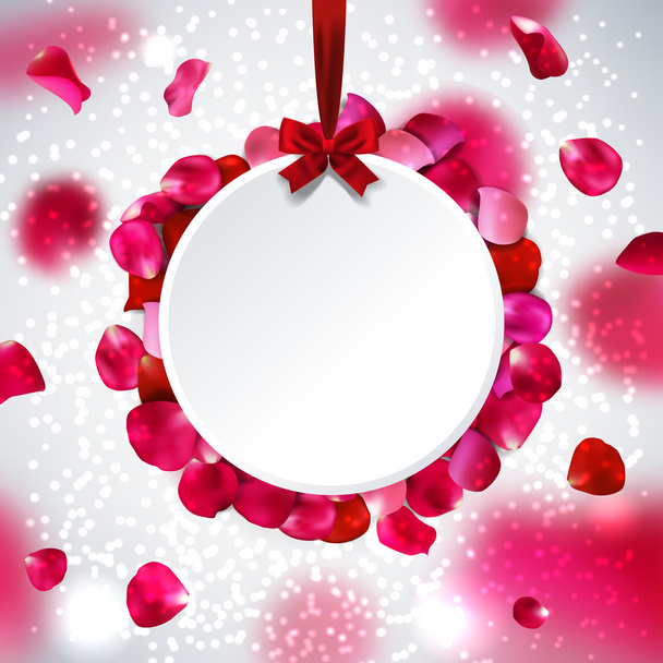 Wedding background with a bow, petals of red roses, place for text, vector illustration - Vector, Image