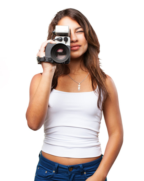 young black girl with camera - Zdjęcie, obraz