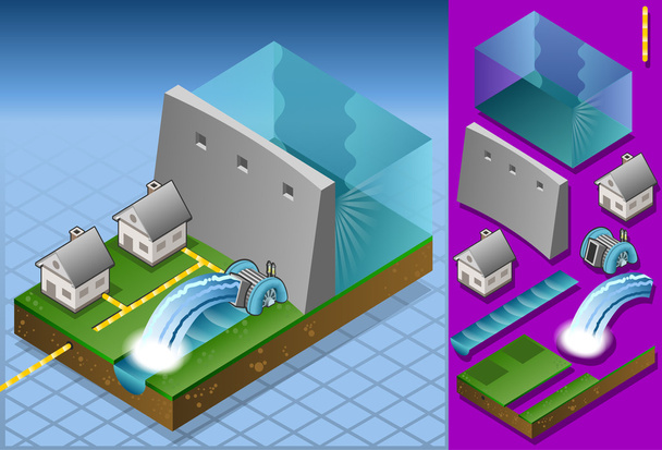 Isometric houses powered by watermill - Vector, afbeelding