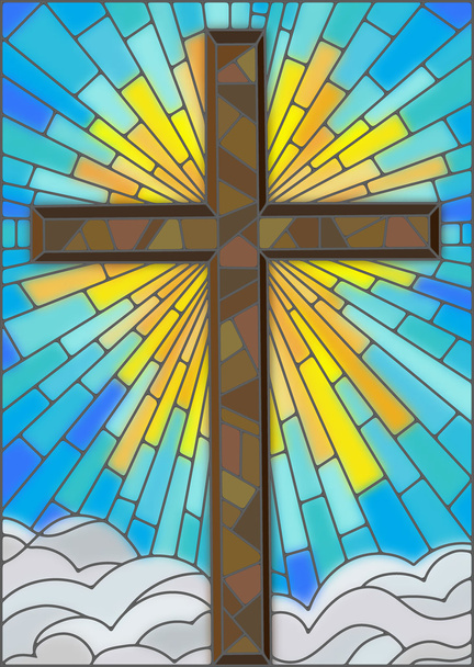 Ілюстрація у вітражному стилі для хреста на фоні неба і хмар
 - Вектор, зображення