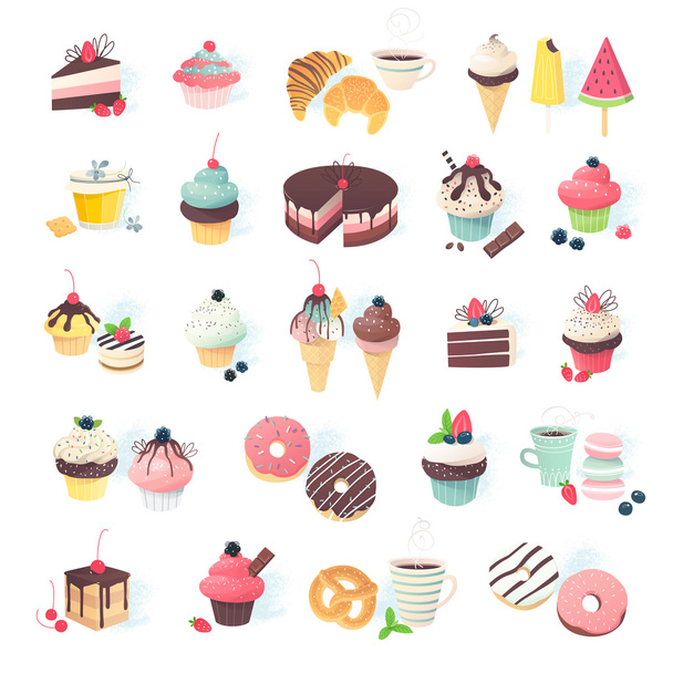 ケーキ、マフィン、パイ、ケーキ、アイスクリームのデザート ミニチュア - ベクター画像