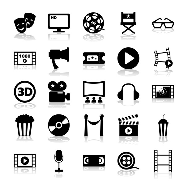 Sada ikon, černé na bílém pozadí film a kino - Vektor, obrázek