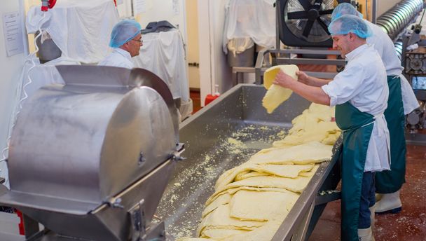 Homens processando queijo através de um moinho
 - Foto, Imagem