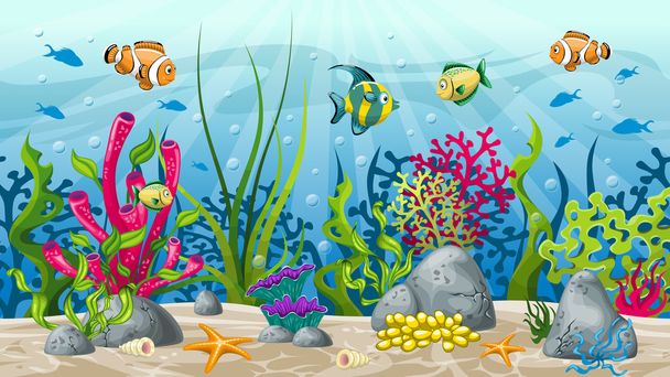 Illustration of underwater landscape with plant and fish - Вектор,изображение