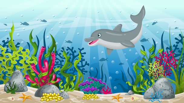 Illustration of underwater landscape with dolphin  - Vector, Image