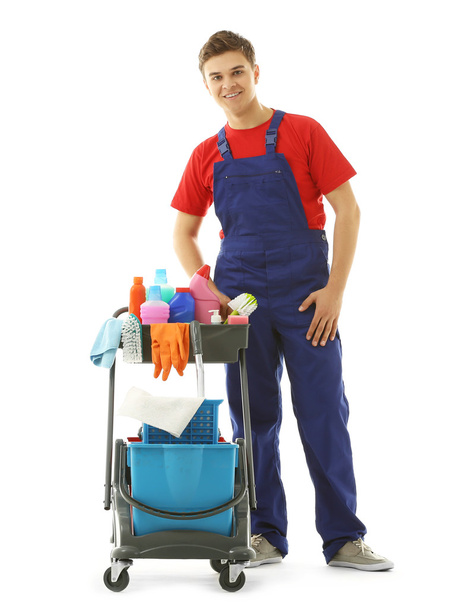 Young janitor with cleaner cart  - Fotoğraf, Görsel