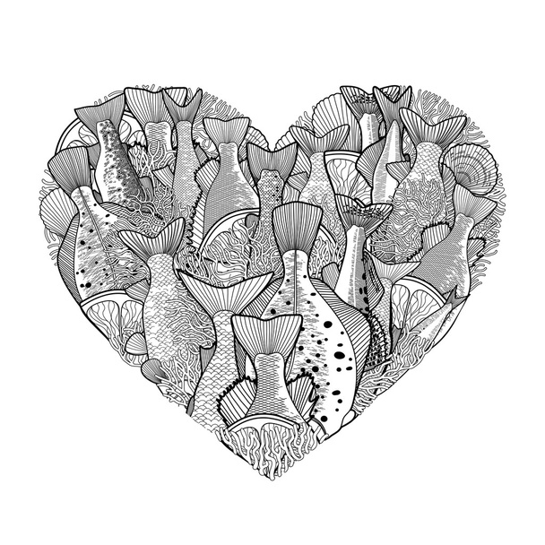 Grafikus óceán hal-szív alakú - Vektor, kép