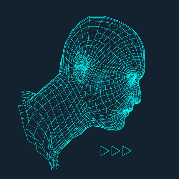 Head of the Person from a 3d Grid. Human Head Wire Model. Human Polygon Head. Face Scanning. View of Human Head. 3D Geometric Face Design. 3d Polygonal Covering Skin. Geometry Polygon Man Portrait. - Vetor, Imagem