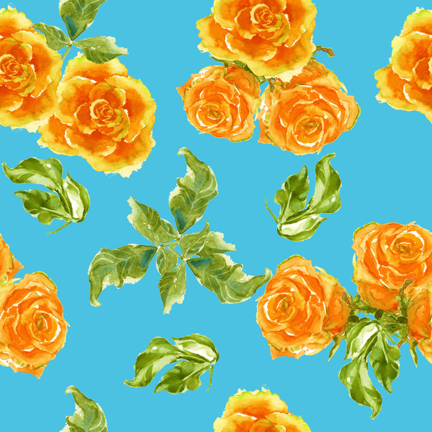 background of yellow roses with branches. watercolor. - Photo, Image