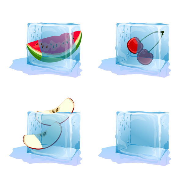 set of ice cube with frozen fruit - Vecteur, image