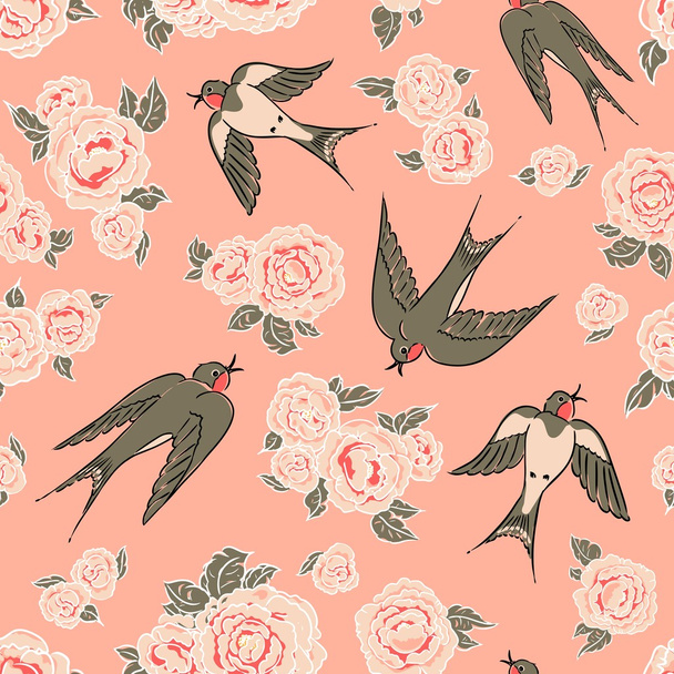 Swallows and peonies - Vecteur, image