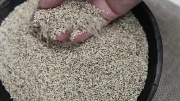 χειρολαβές σε μπολ δημητριακά σπόρων σουσαμιού - Πλάνα, βίντεο