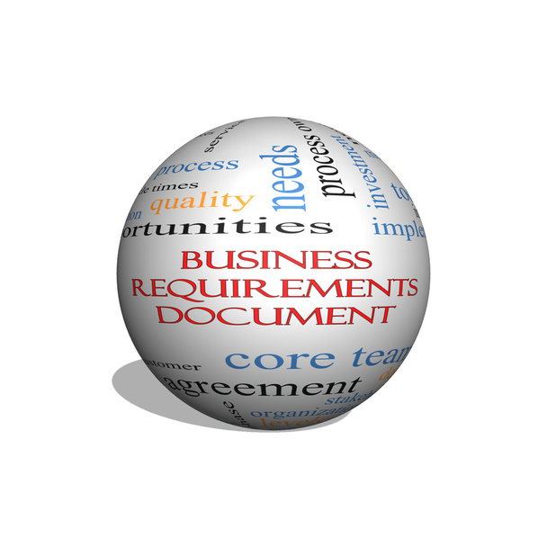 Requisitos do negócio Documento 3D esfera Word Cloud Concept
  - Foto, Imagem