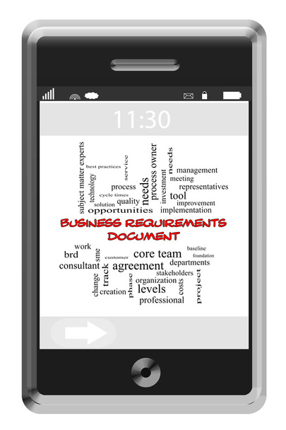 Requisitos comerciales Documento Word Cloud Concept en un teléfono con pantalla táctil
 - Foto, imagen