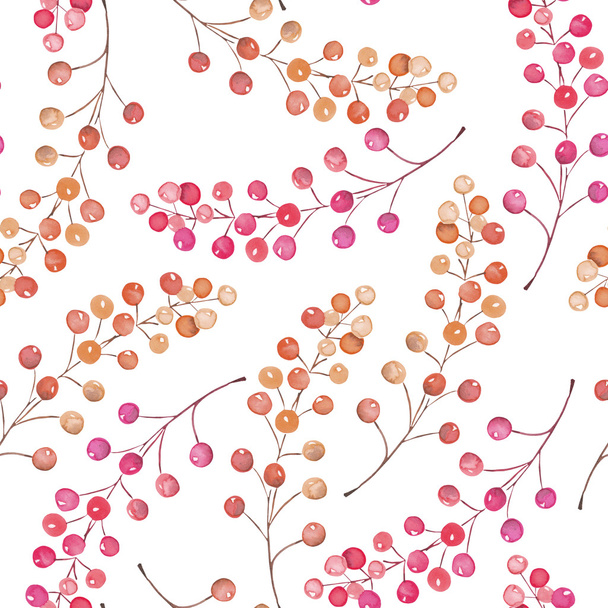 Seamless pattern with the red and orange berries, hand drawn in a watercolor on a white background - Fotografie, Obrázek