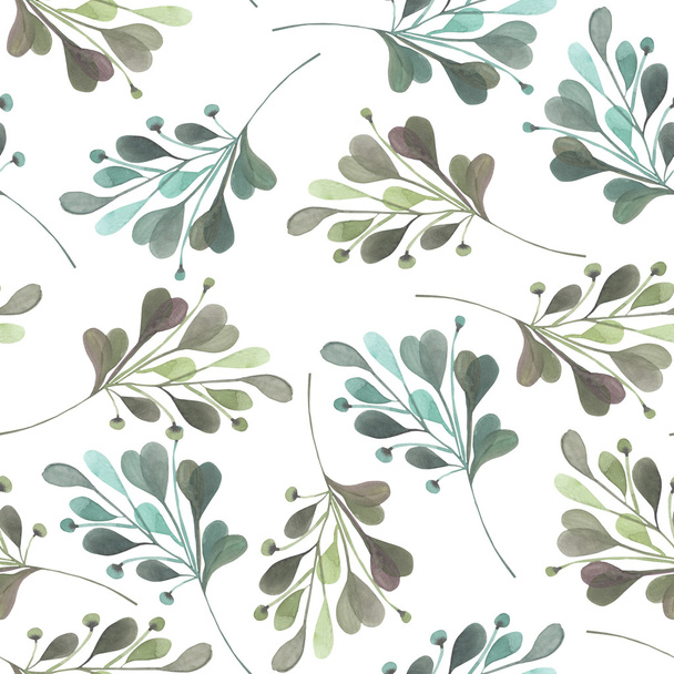 Seamless pattern with the watercolor green leaves and branches on a white background, hand drawn in a pastel - Фото, изображение