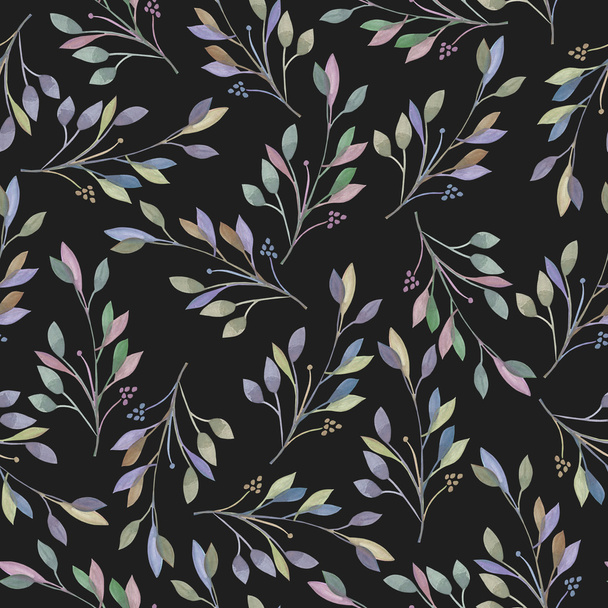Seamless pattern with watercolor leaves and branches on a dark background, hand drawn in a pastel - Valokuva, kuva
